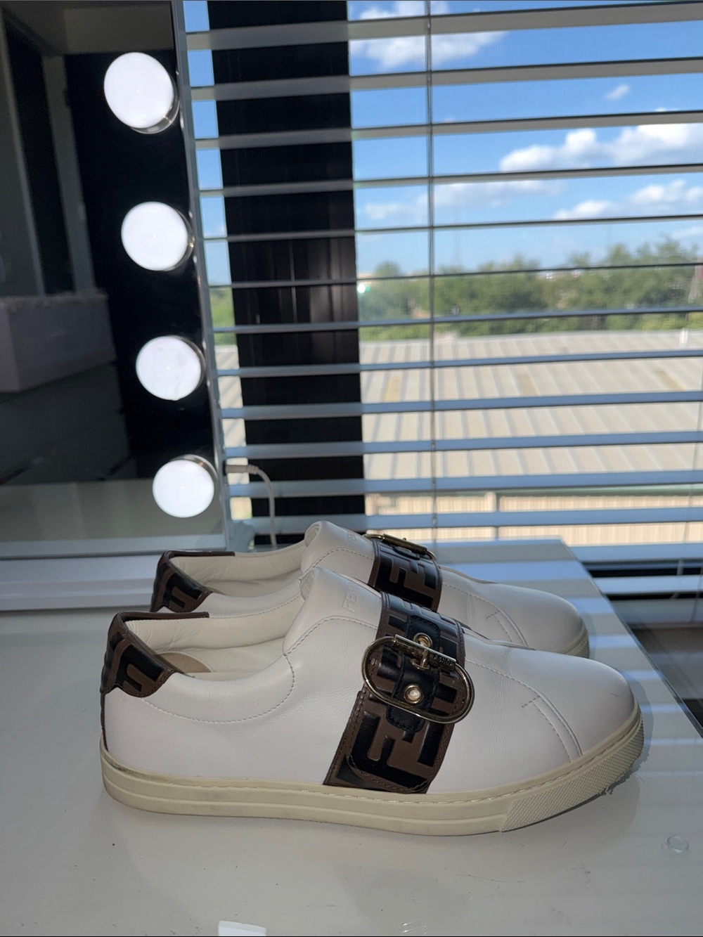 Fendi White Slip-On Sneakers with Brown Logo Strap and Buckle